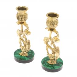 Набор подсвечников 2 шт из бронзы на подставке из малахита